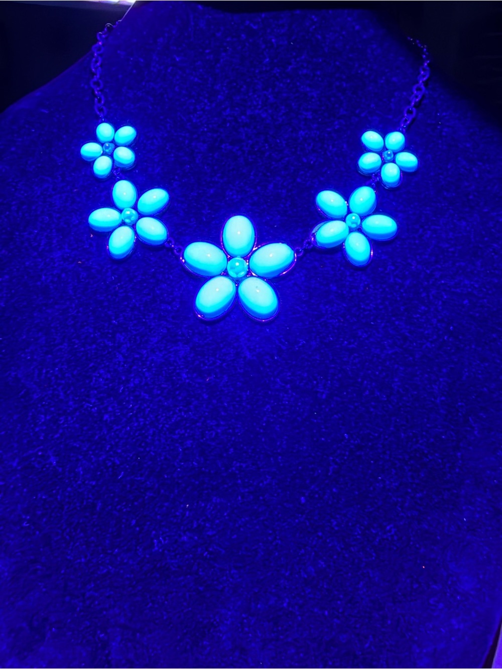 Floral soft aqua blue and gold tone 19” necklace glows 19”